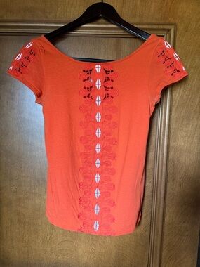 Meadow Rue Orange Short-Sleeve Embroidered Cutout Tee